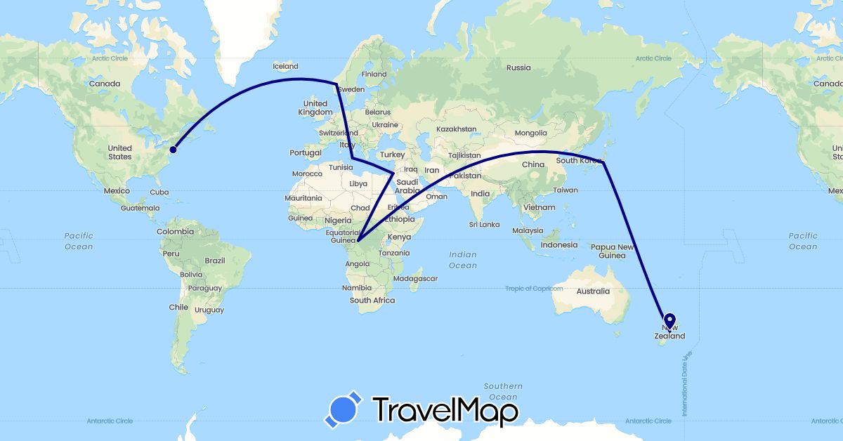 TravelMap itinerary: driving in Democratic Republic of the Congo, Israel, Italy, Japan, Norway, New Zealand, United States (Africa, Asia, Europe, North America, Oceania)